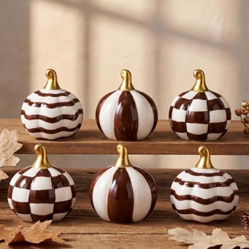 Brown and White Ceramic Pumpkins, Set of 6